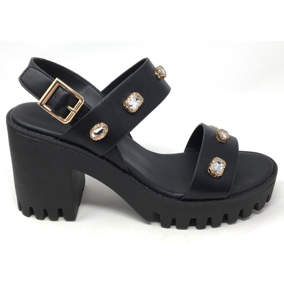 Madden Girl Storrm Women's Size 8.5 Black Jewel Lug Block Heel Platform Sandals - Picture 5 of 7
